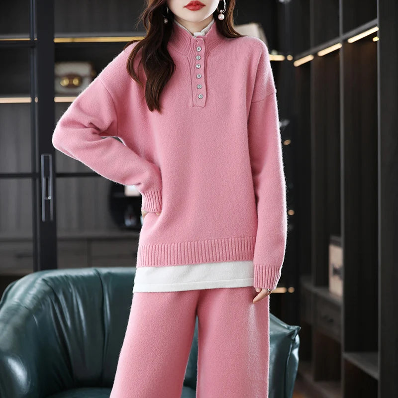 New 2023 Ladies 100% Cashmere Wool Suit Casual Long Sleeve Pullover Sweater Solid Color Knit Long Wide Leg Pants Pure Wool Suit