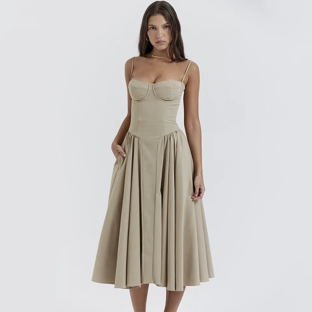 Summer Women Elegant Sleeveless Backless Pleated Dresses Lady Sexy Solid Sling Midi Dress 2024 Female Party Evening A-line Robes