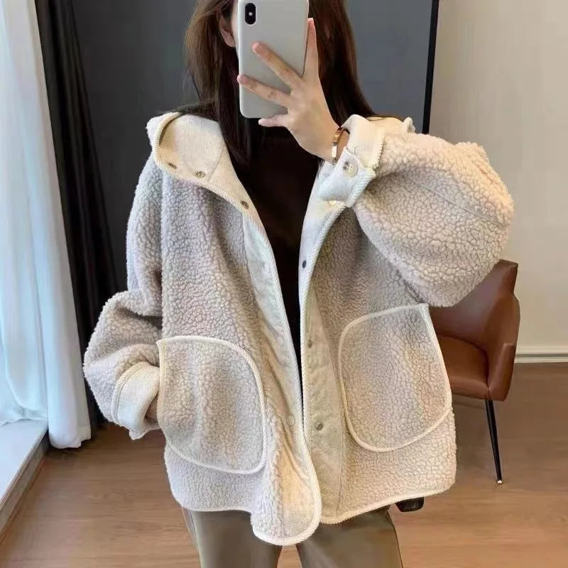 YTJHRG Women's Lamb Wool Coat Thick Warm Plush Jackets Streetwear Faux Fur 2024 New Autumn Winter Korean Fashion Female Clothing