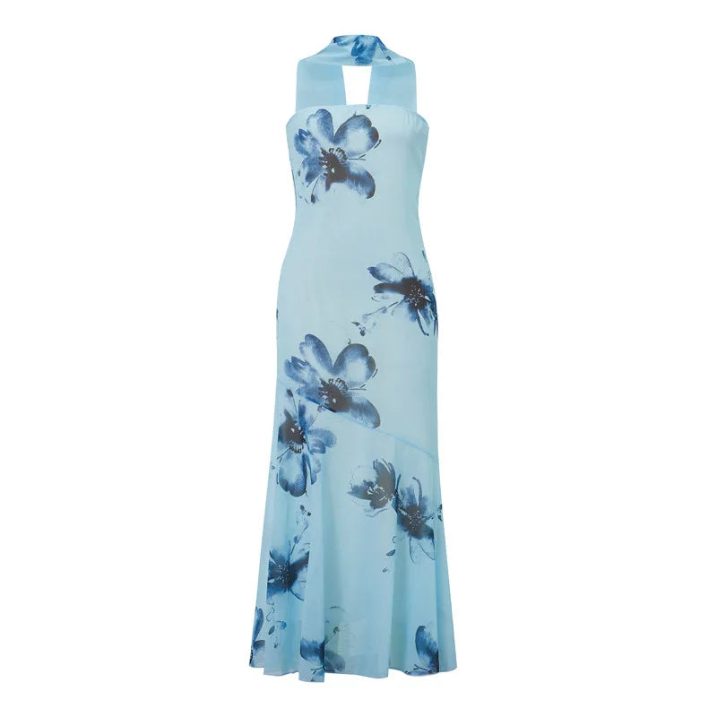 hirigin Womens Floral Strapless Dress Y2k Backless Sleeveless Tube Long Dresses Sexy Mesh Bodycon Summer Beach Party Sundress
