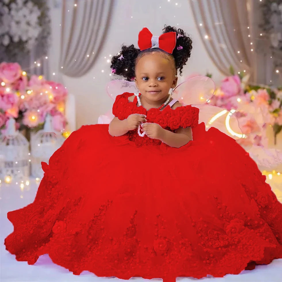 Flower Girl Dresses For Wedding Luxury Pink Tulle Pearls Lace Ball Gown Princess First Communion Birthday Photos Shoot Dresses