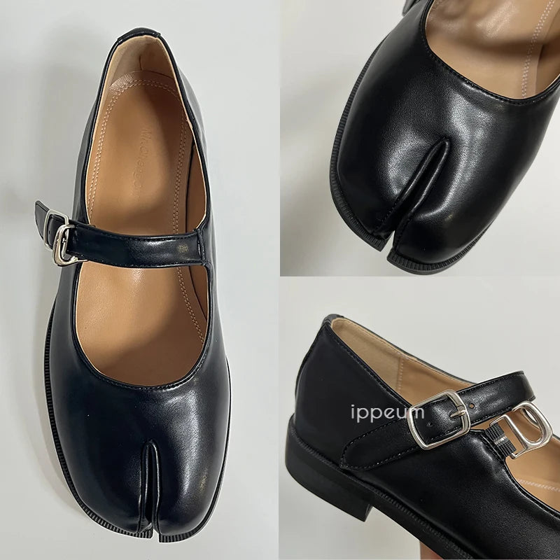 IPPEUM Flats Split Toe Shoes Plus Size 42 Loafer Brown Shoes Black Leather Women  Mary Janes