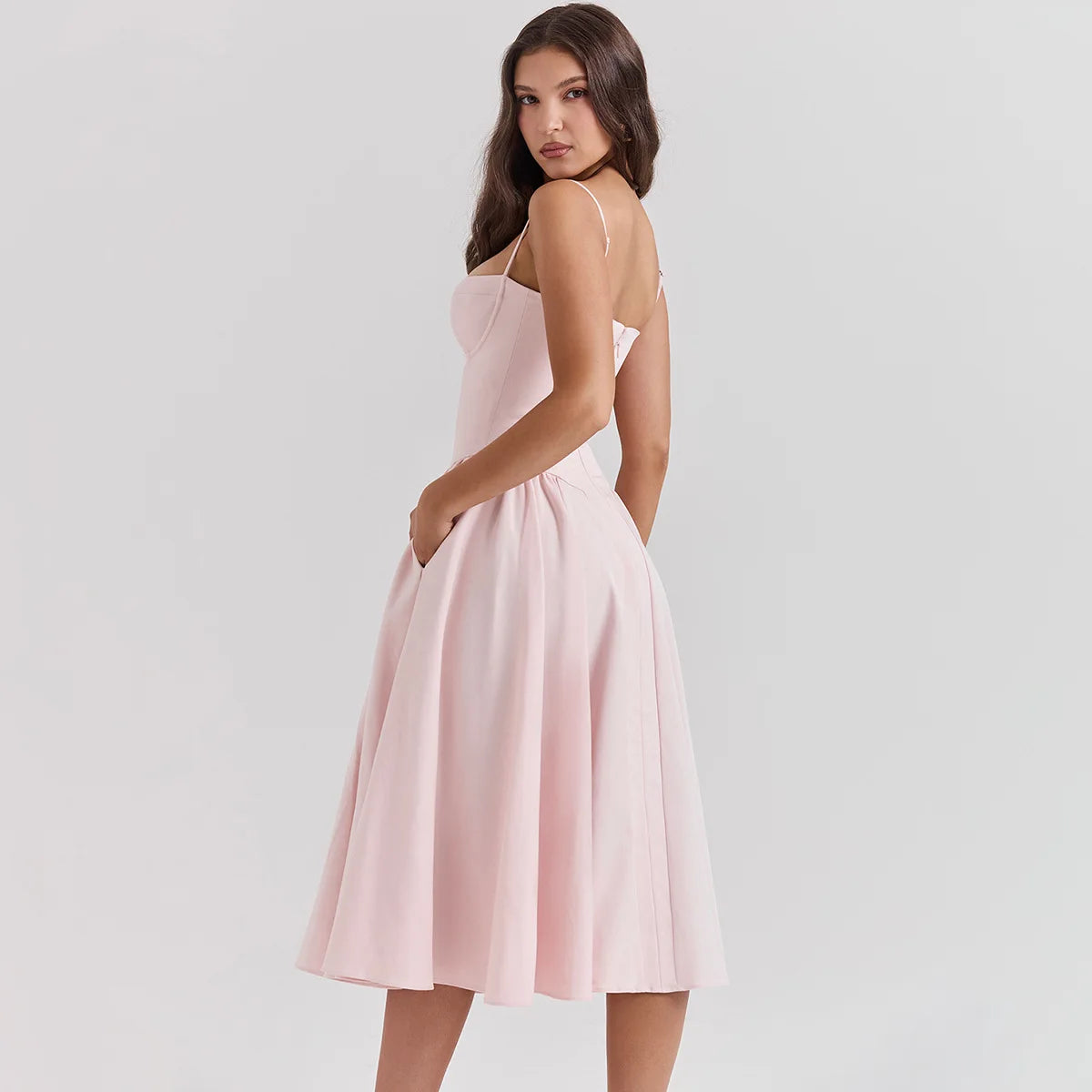 Summer Women Elegant Sleeveless Backless Pleated Dresses Lady Sexy Solid Sling Midi Dress 2024 Female Party Evening A-line Robes