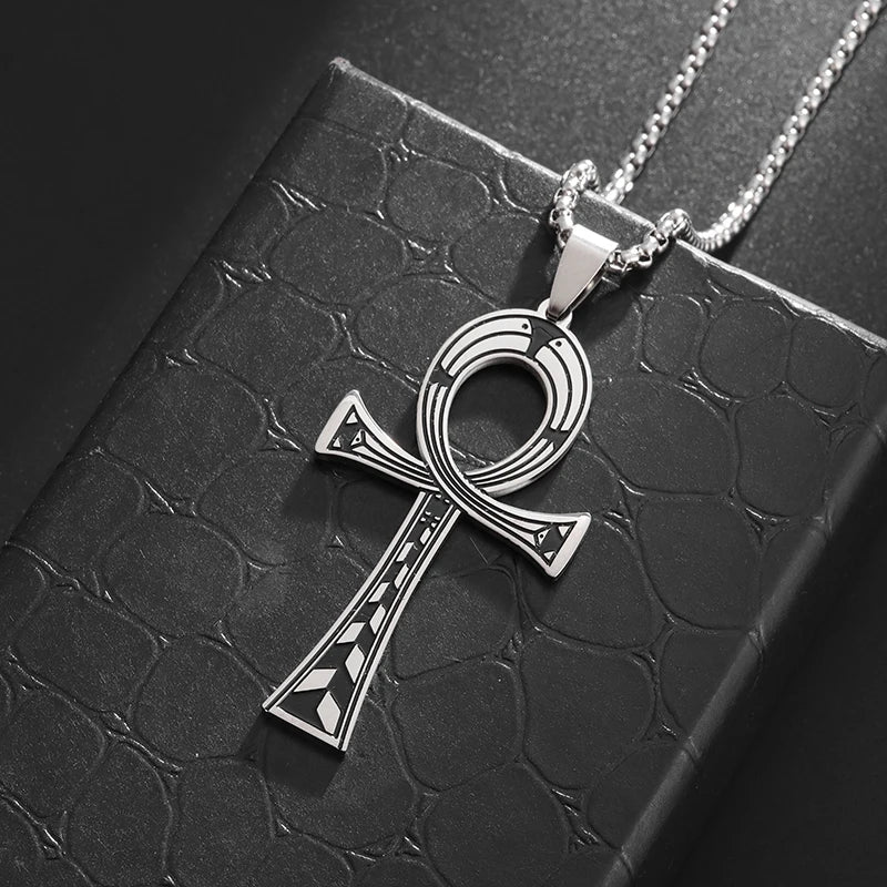 Ancient Egyptian Cross Life Key Pendant Necklace Retro Pharaoh Patron Saint Amulet Stainless Steel Jewelry for Men and Women