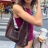 New Brand Rivet Decor Design Vintage Shoulder Bag Punk Handbag Coffee Underarm Bag High Capacity Luxury Design Lady Tote Bag