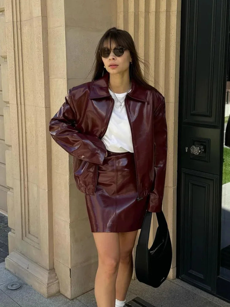 Fashion Street Burgundy Pu Leather Jacket Mini Skirt Set Women Causal Zipper Long Sleeve Coat 2024 New Female High Streetwear