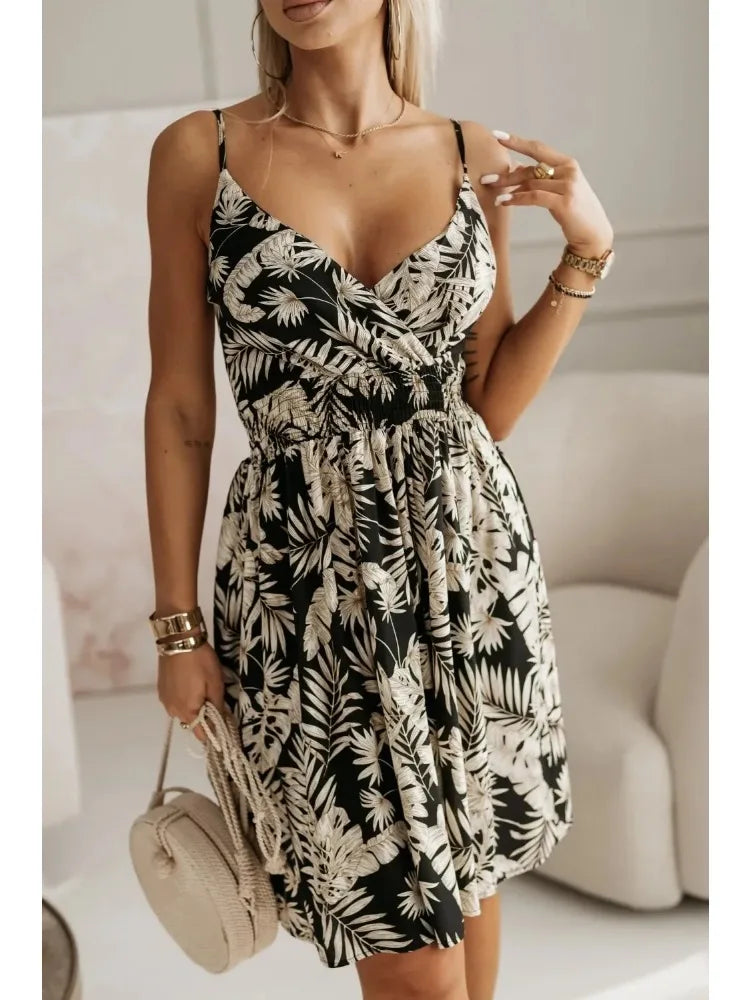 New Fashion Women's  Summer Wrap Pleated Dresses Ladies Floral Print Sexy Spaghetti Strap Sling DressBeach Dress A Line Sundress