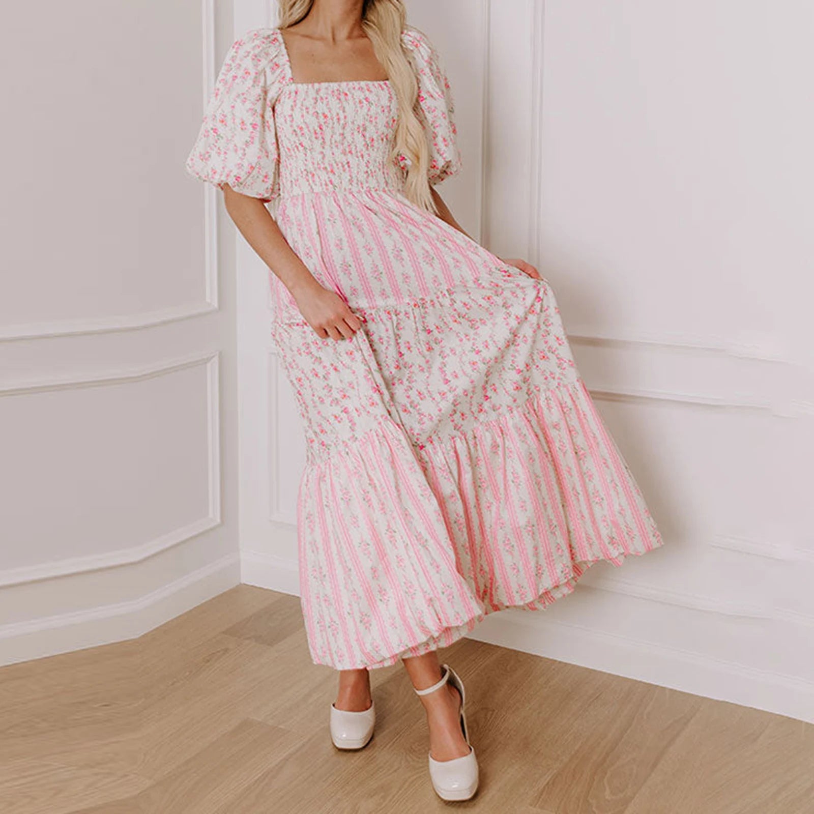Women Floral Print Smocked Square Neck Short Puff Sleeve Summer Fashion Casual Backless Loose Fit Flowy A-line Long Dress