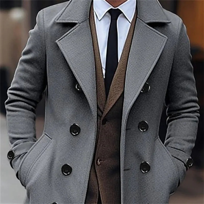 Autumn Winter Men's Woolen Coats Business Casual Fashion Double Breasted Long Woolen Trench Male England Style Wool Blends Coat