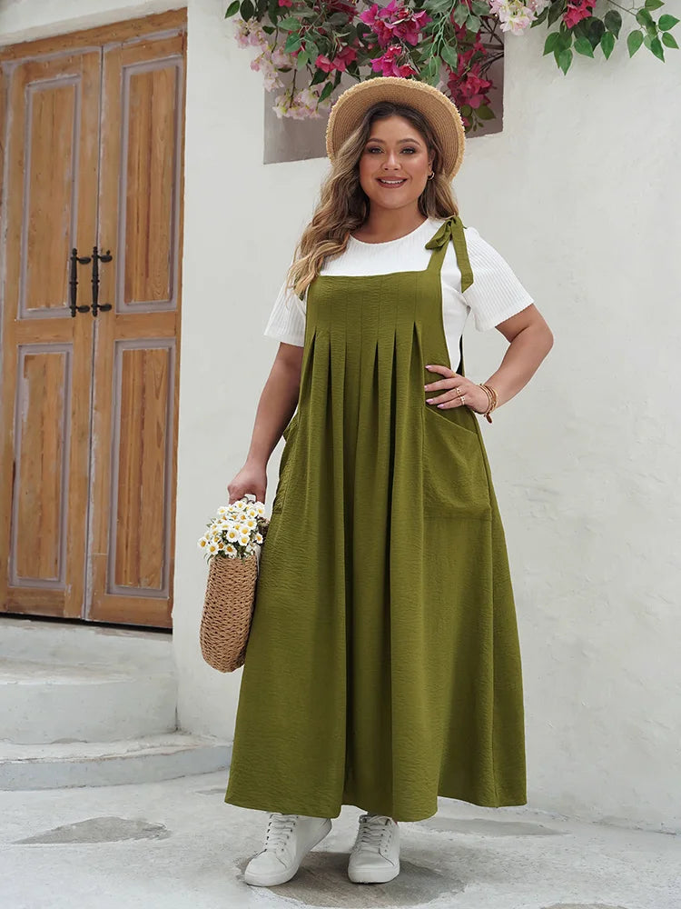 GIBSIE Plus Size Solid Tie Shoulder Overalls Dress For Women 2024 Summer Casual Loose Sleeveless Maxi Long Dresses with Pockets