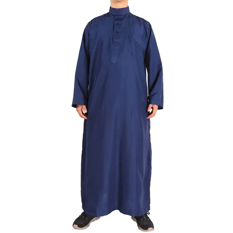 Men's Muslim Robe Islamic Ramadan Juba Kaftan Dishdash Arabian Robe Solid Color Long Sleeve Collar Loose T-shirt Dress Tunic