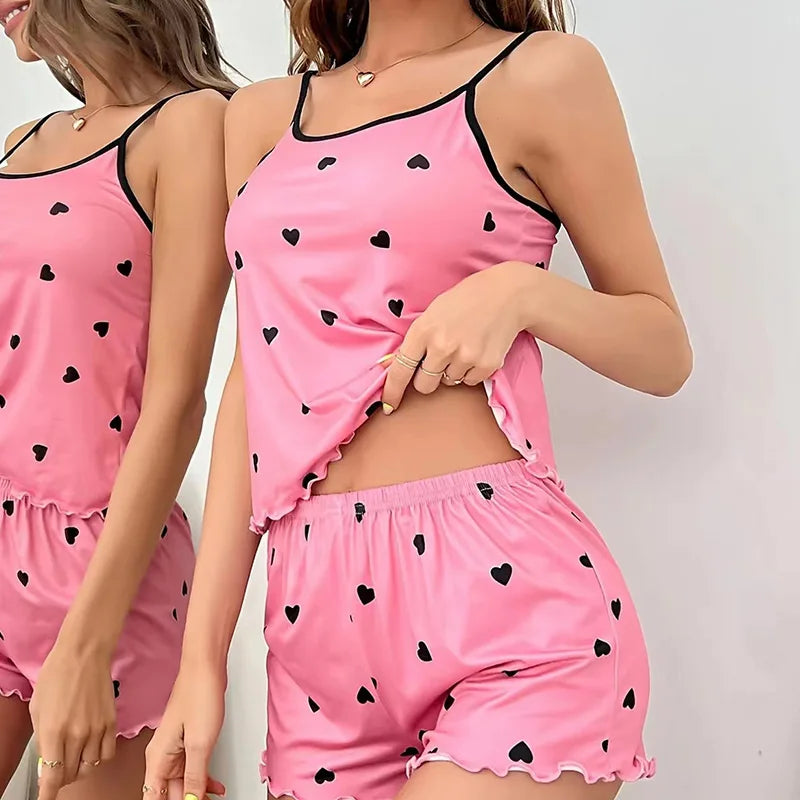 Ashion Women Sexy Pajamas Sleepwear Pajama Set Pink Red Low Cut Sleeveless Camisole Bow Elastic Waist Comfortable Casual Summer