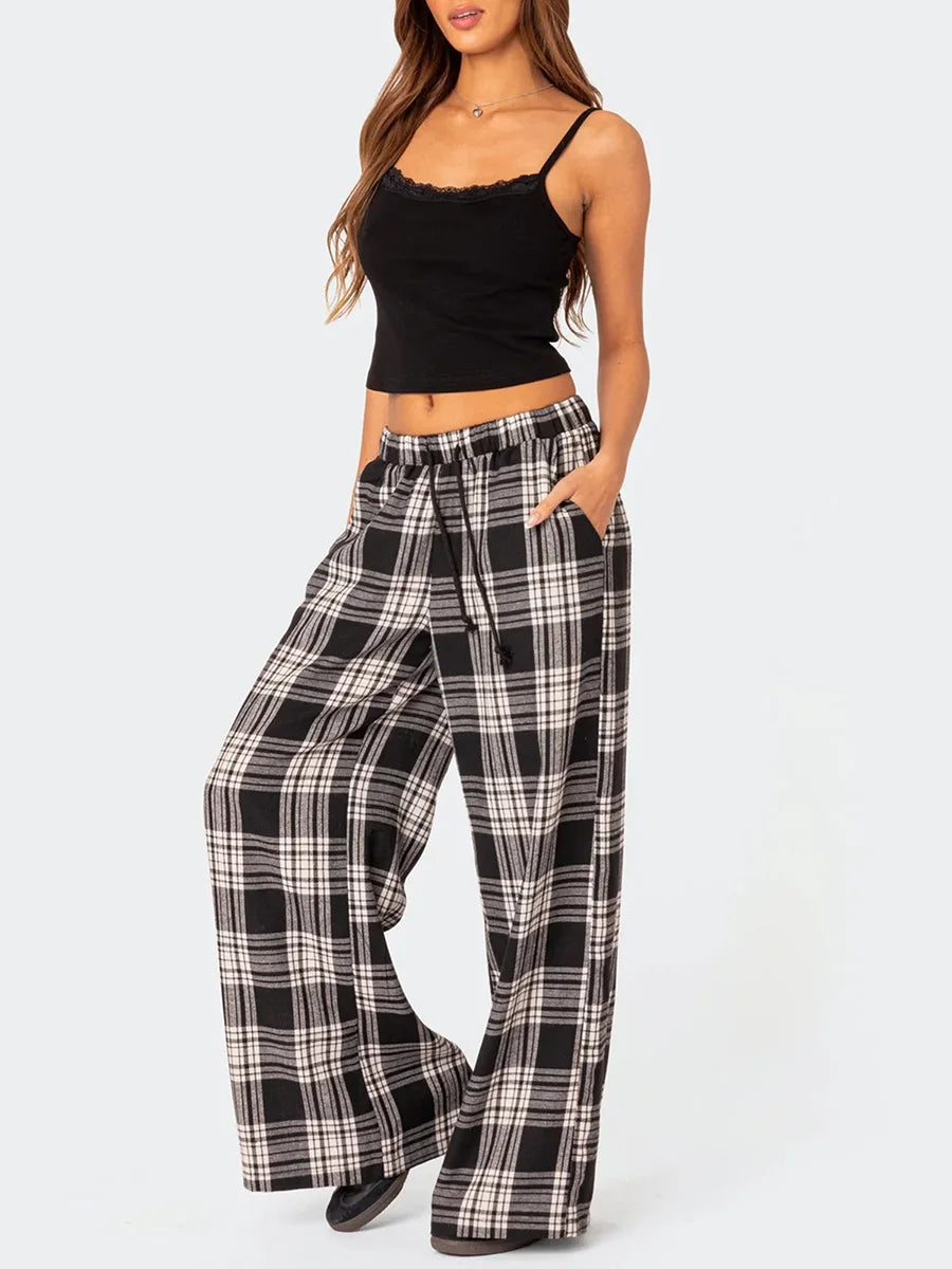 Women Y2k Oversize Pants Lounge Bottoms Fashion Plaid Casual Pants Elastic High Waist Casual Pockets Pajama Pants Homewear