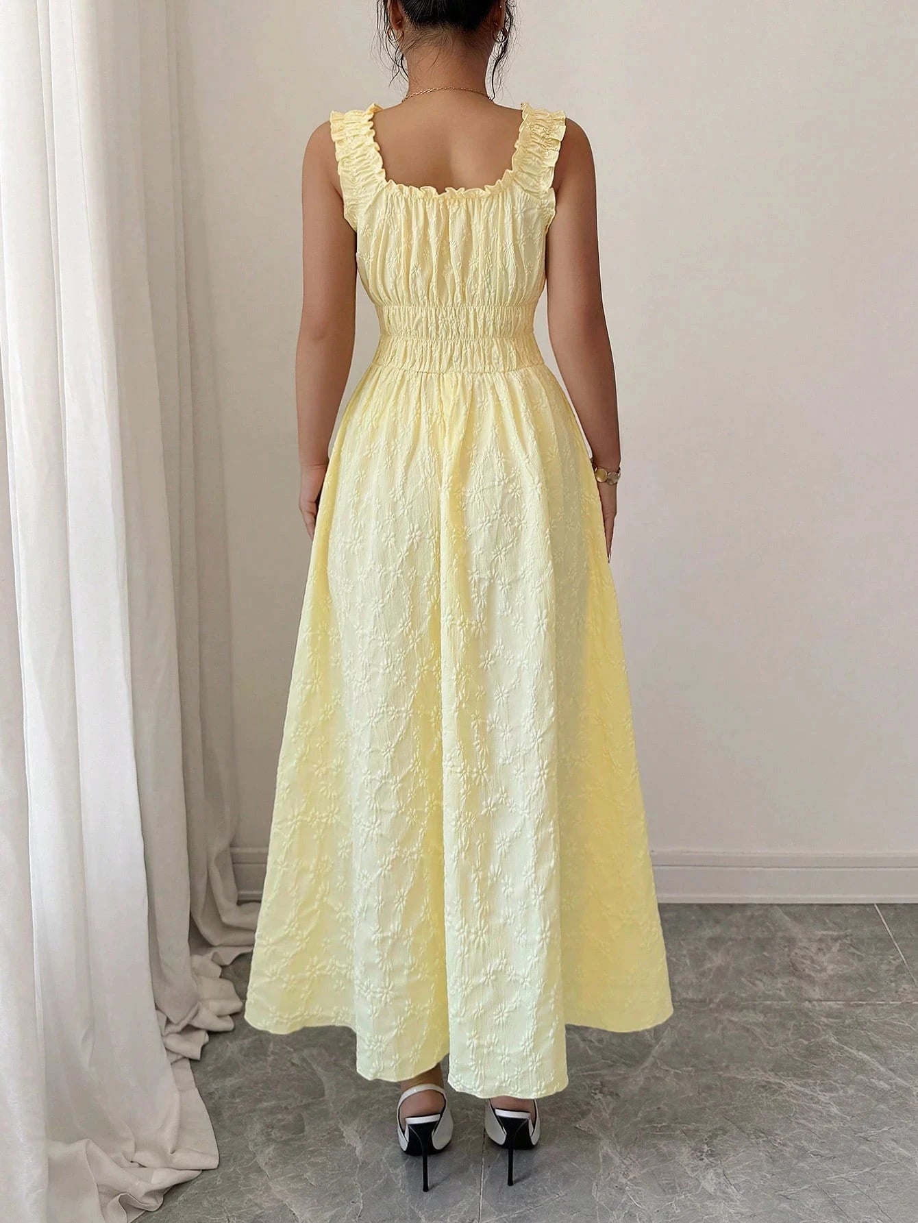 Vacation Essential Yellow Smocked Midi Dress, Chic Beach Party Date Night Dress