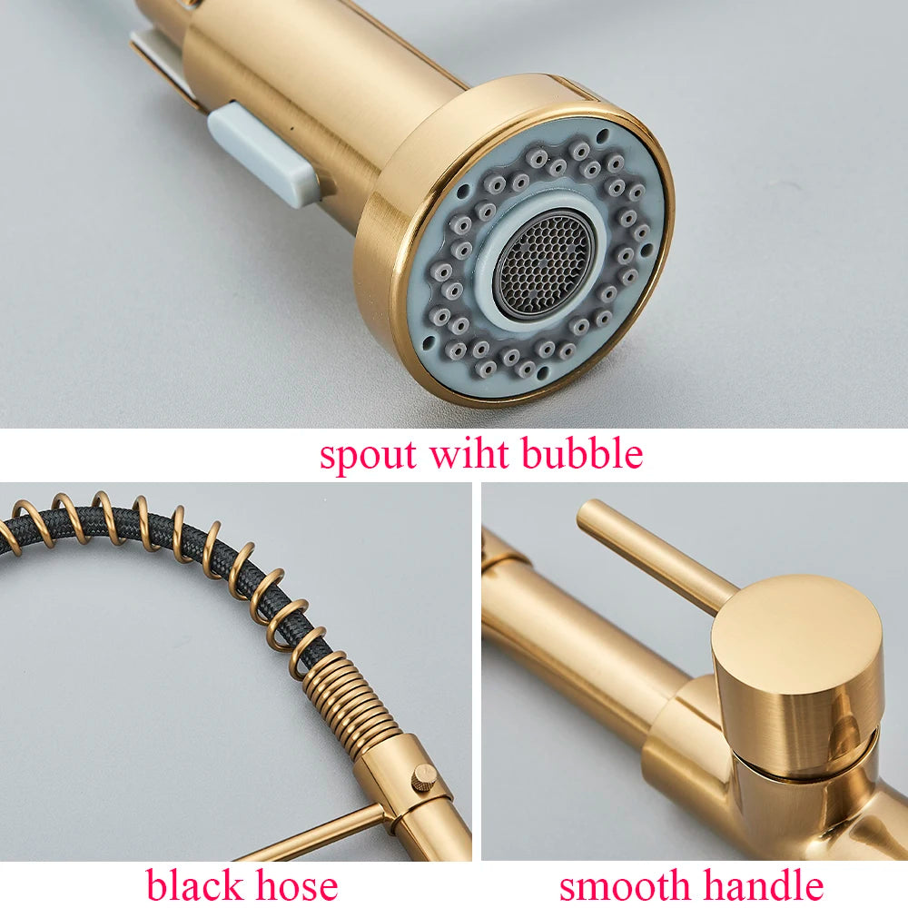 Brushed Gold Kitchen Sink Faucet Spring Pull-down Hot Cold Mixer Faucet Deck Installation Faucet