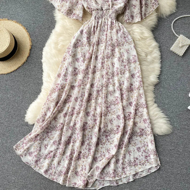 Retro Floral Print Ruffle Chiffon Elegant Midi Dress A-line V Neck Beach Vacation Dress Women Korean Fashion Summer Vestidos
