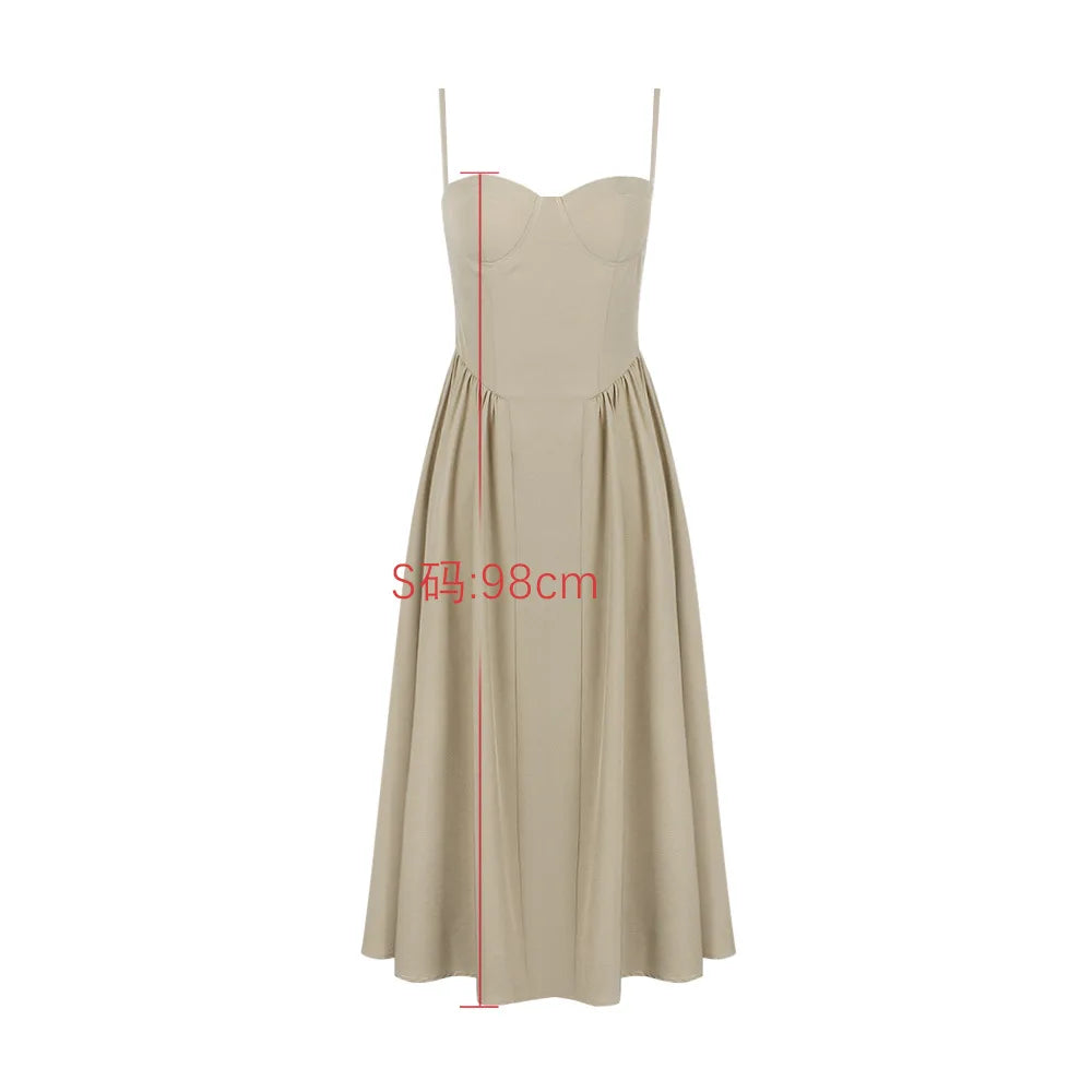 Summer Women Elegant Sleeveless Backless Pleated Dresses Lady Sexy Solid Sling Midi Dress 2024 Female Party Evening A-line Robes