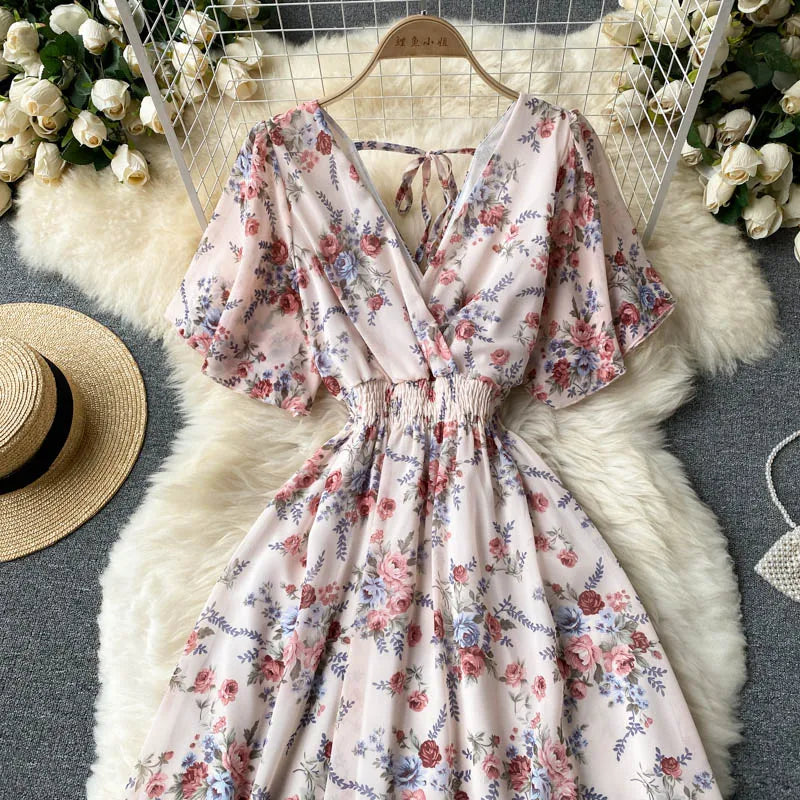 Retro Floral Print Ruffle Chiffon Elegant Midi Dress A-line V Neck Beach Vacation Dress Women Korean Fashion Summer Vestidos