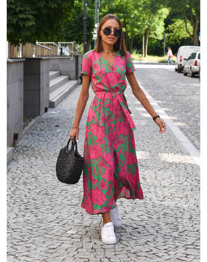 Summer Polka Dot Split Hem Long Dress Women 2023 New Fashion V Neck Print Sundress Vestidos Short Sleeved Waisted Lace-up Dress
