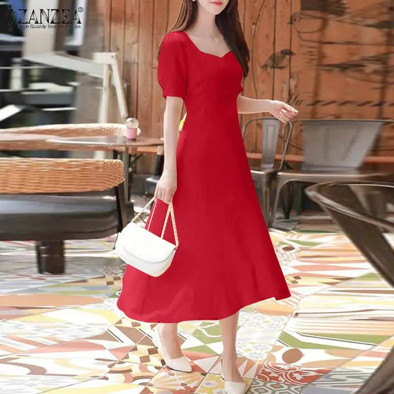 ZANZEA Elegant Waist Party Dresses Vintage Evening Dress Women Puff Short Sleeve A-line Robe 2024 Summer Wedding Midi Vestidos