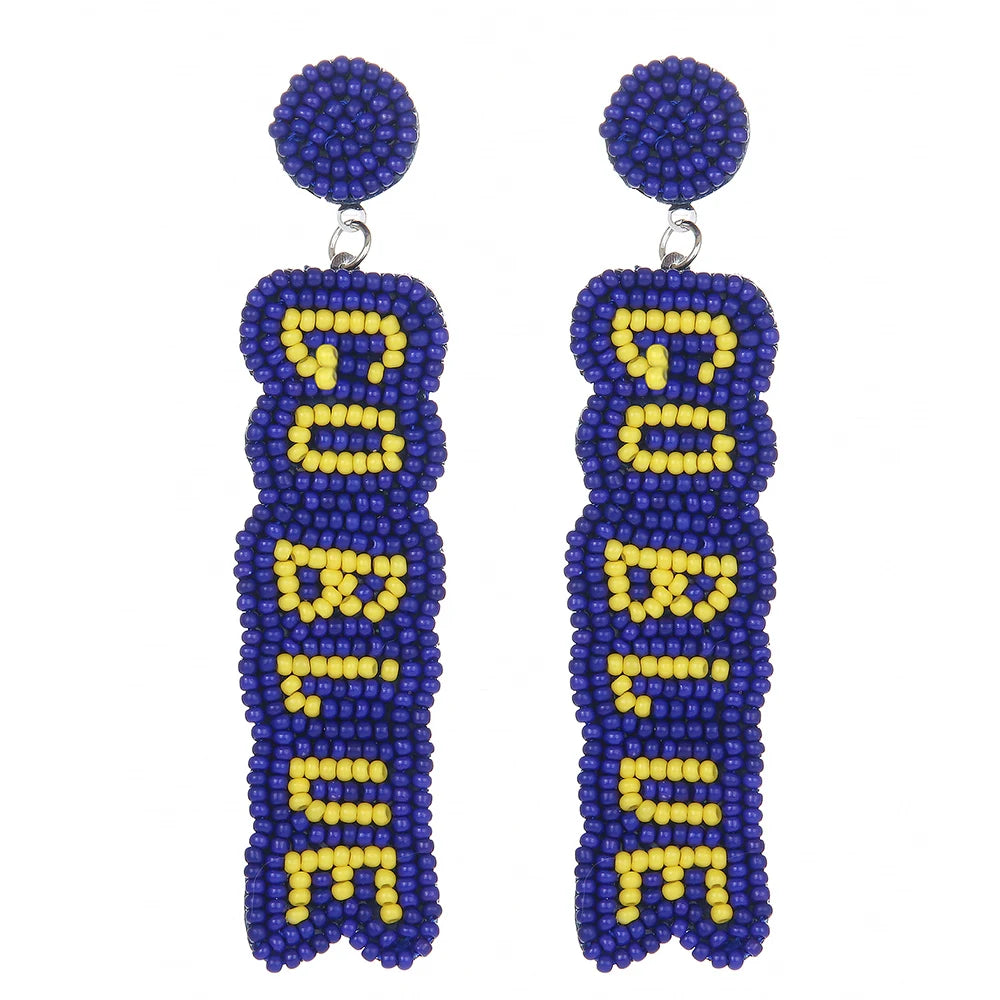 Beaded GO BLUE Sports Earrings Handwoven Bohemia Yellow & Blue Color Block Ear Accessory