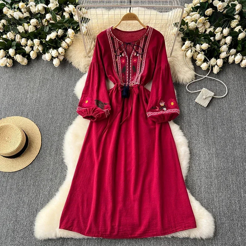 2025 New Spring Autumn Vacation Retro Ethnic Embroidery Dress Lantern Long Sleeve Waist Bohemian Dress A157