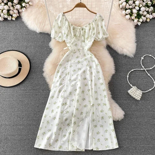 Summer Vintage Dress Blue Floral Summer Bubble Sleeve Tie Up Sexy Dresses Women A-line Print Split Long Dress Elegant Vestidos