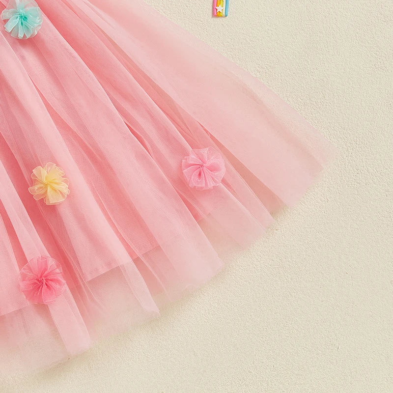 Toddler Kids Girls Princess Dress Sleeveless Sweet 3D Flower Design Tulle Tutu Dress Summer Birthday Party Pageant Dress
