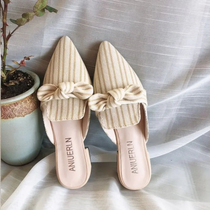 Shoes with Heel Mules Summer 2025 Beige Slides Plaid Bow Women's Slippers and Ladies Sandals Job Natural Skin I New Fashion