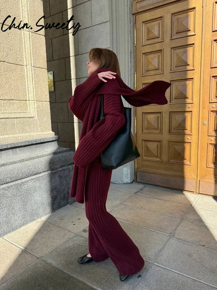 Casual Solid Knit Sweater Pants Set With Scarf Women Lazy V-neck Long Sleeve Pullover Wide Leg Trouser 2024 Autumn Lady Suit