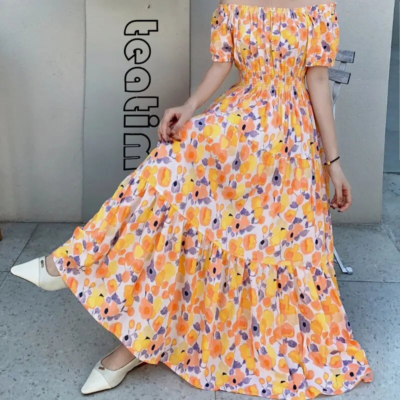 THHONE Summer Dress Women Cotton Linen Floral Vintage Oversized Korean Vestido Feminino Print Robe Off-Shoulder Casual Dresses