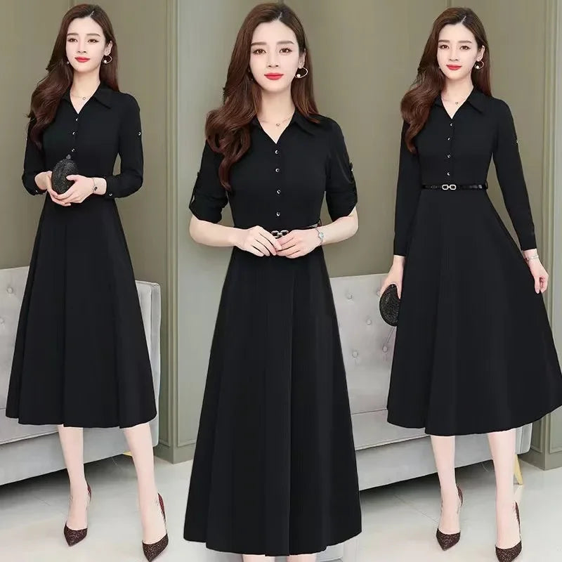 Medium-Length Polo Collar Dress Women's Spring New Style Korean Fit Waist-Gathered Elegant Wide Lady Plus Size Long Sleeve Simpl