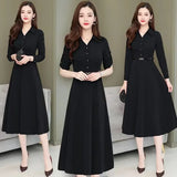 Medium-Length Polo Collar Dress Women's Spring New Style Korean Fit Waist-Gathered Elegant Wide Lady Plus Size Long Sleeve Simpl