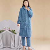 2 Pcs/Set Winter Women Bathrobe Pants Set Thick Hooded Coral Velvet Sleepwear Loose Single-breasted Robe Trousers With Pockets