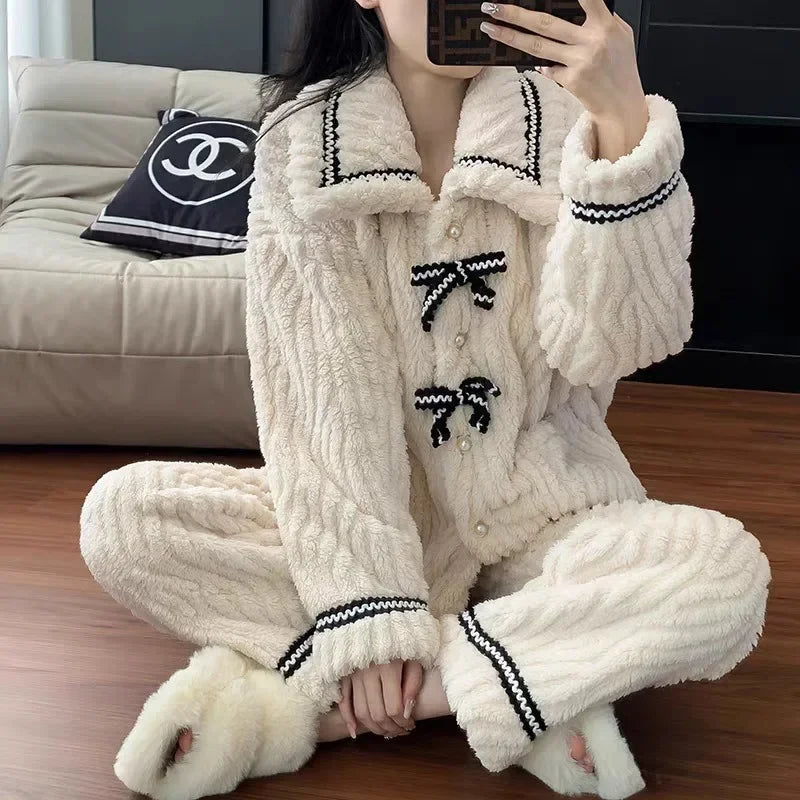 Women's Flannel Pajamas Set Autumn Winter Long Sleeve And Long Pants Sleepwear 2 Piece Set For Women Home Sweet Loose Pajamas