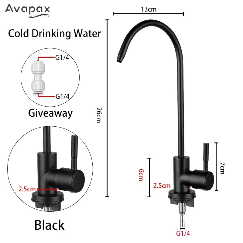 Avapax 1/4"Kitchen Faucet Water Purifier Tap Drinking Water Tap Single Cold Water Sink Faucet Stainless Steel Filter Faucet