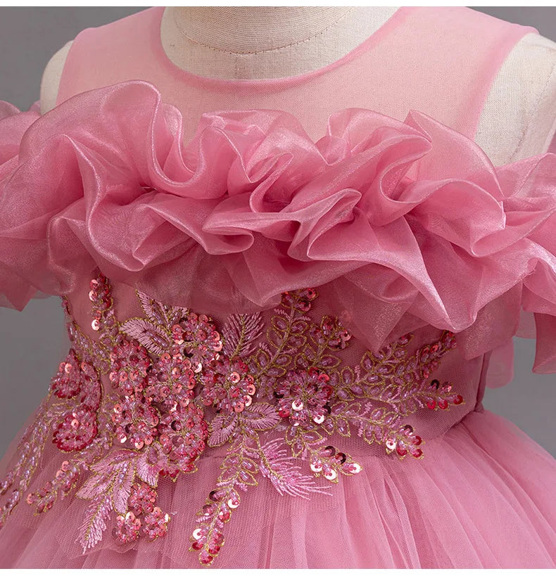 3-10 year old girl children's dragging dress new elegant girl performance puff skirt princess skirt flower children wedding girl