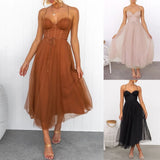 Sexy Spaghetti Strap Mesh Stitching Long Dress Women's Elegant Slim Fit Backless Drawstring Dress Ladies Evening Party Dress