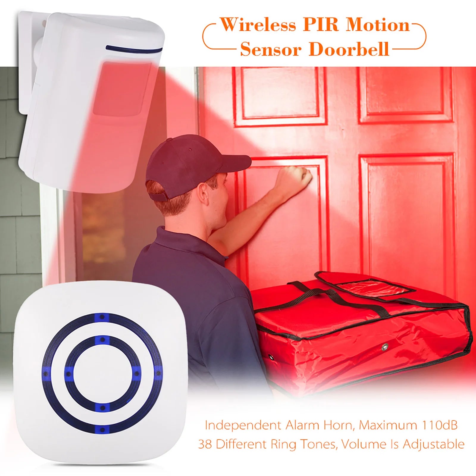 Doorbell Wireless PIR Motion Sensor Doorbell 38 Chimes Volume Adjustment Long Transmission Range Doorbell