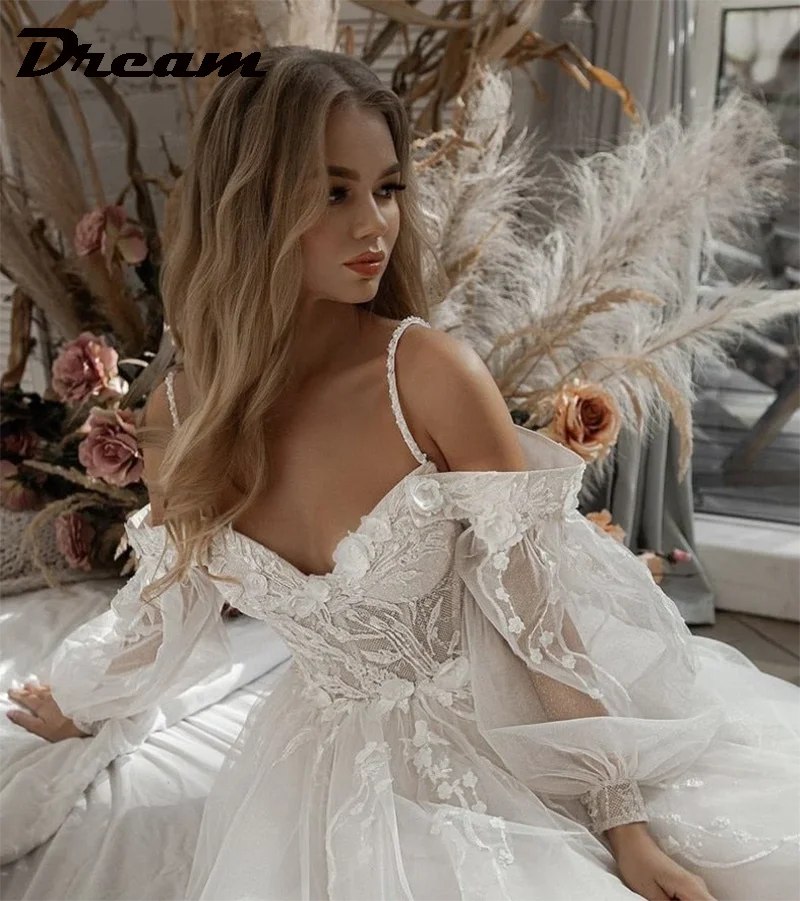 DREAM Customized Off Shoulder Lace Glitter Wedding Dresses Long Puff Sleeve 3D Flowers Boho Bride Gown 2024 Vestidos De Novia