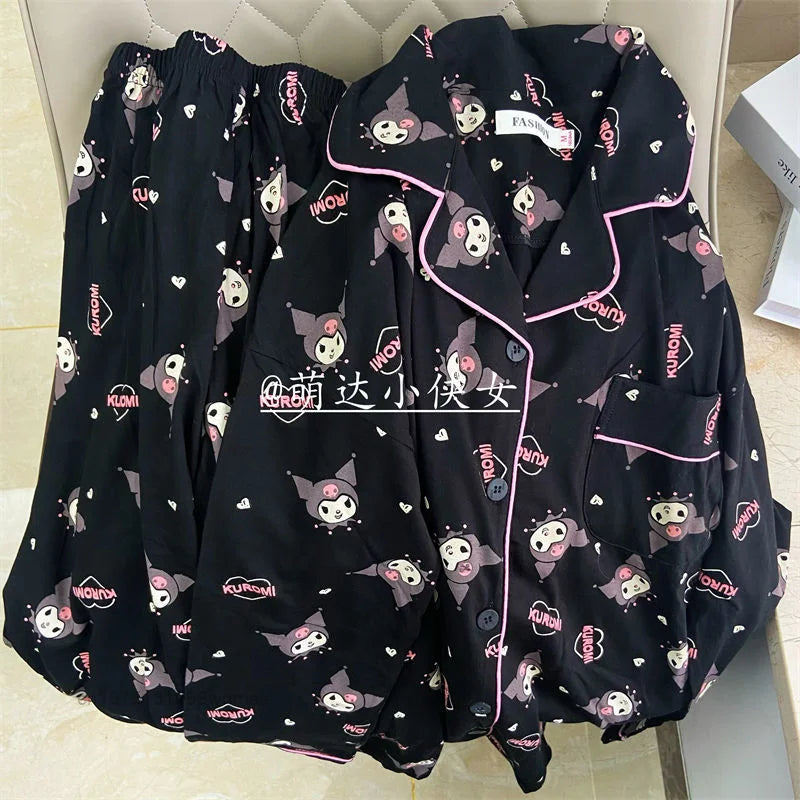 Sanrio Black Kuromi Hello Kitty Pink Pijamas Set Y2k Women's Casual Loose Summer 2 Pcs Pyjamas Suit Home Clothing