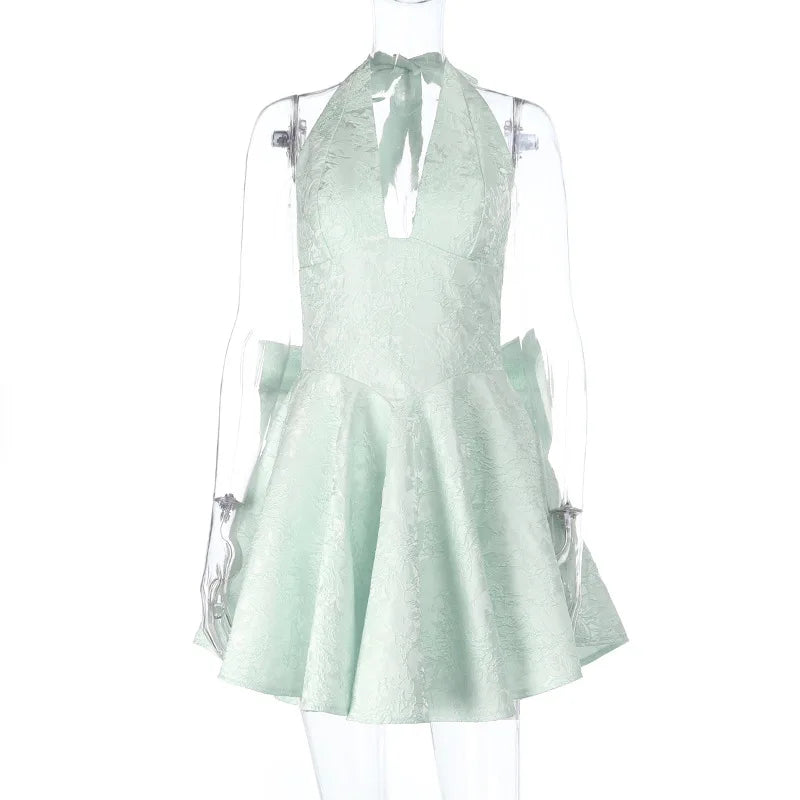 Halter Jacquard Backless Bow Short Summer Dress Woman Sexy A-line Pink Mini Dresses Y2K Evening Party New Birthday White Blue