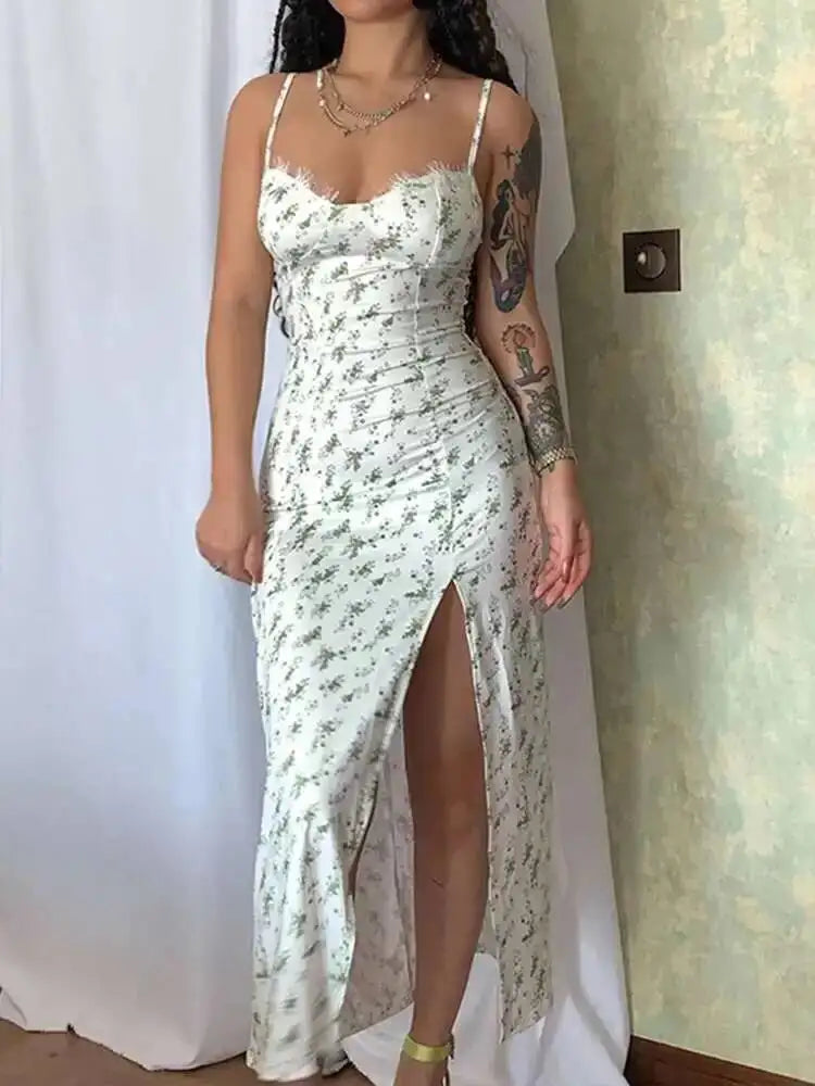 Townlike Midi Long Print Dress Women Spaghetti Strap 2023 Summer Dress Slim Bodycon Nightclub High Split Sexy Party Dresses