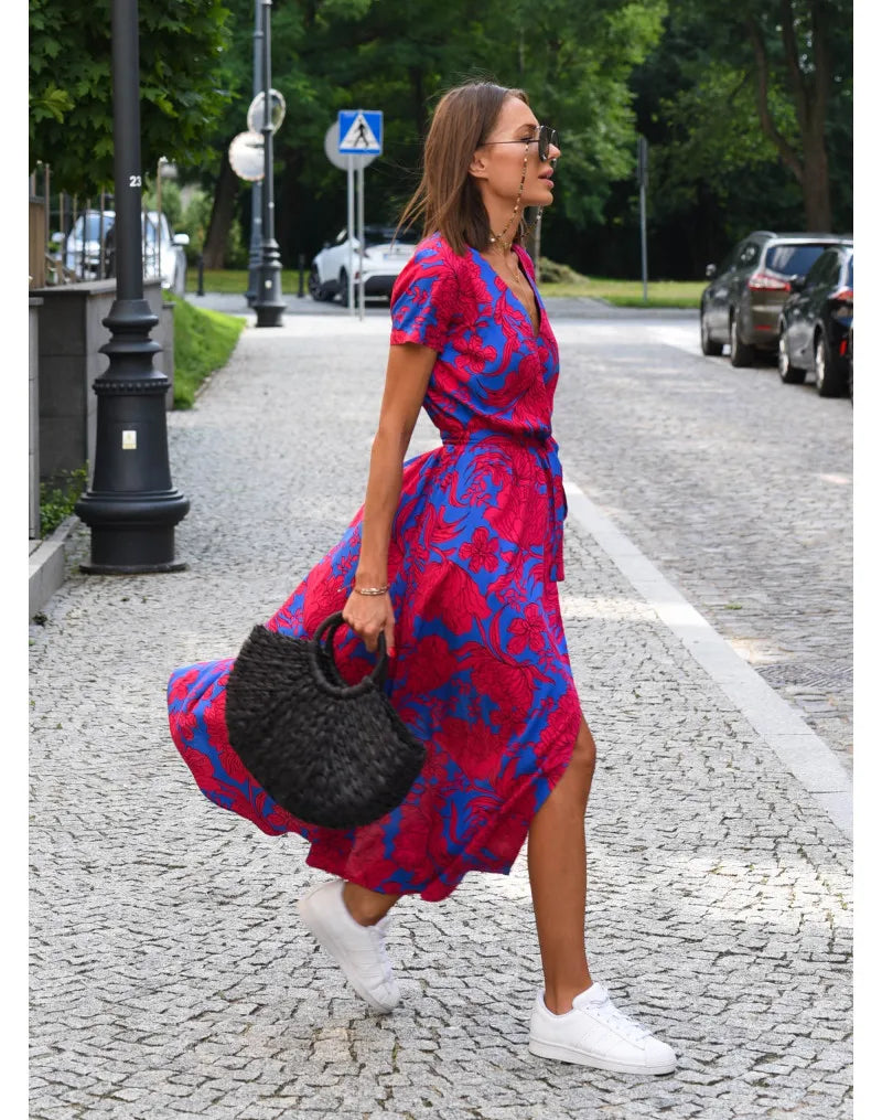 Summer Polka Dot Split Hem Long Dress Women 2023 New Fashion V Neck Print Sundress Vestidos Short Sleeved Waisted Lace-up Dress