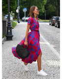 Summer Polka Dot Split Hem Long Dress Women 2023 New Fashion V Neck Print Sundress Vestidos Short Sleeved Waisted Lace-up Dress
