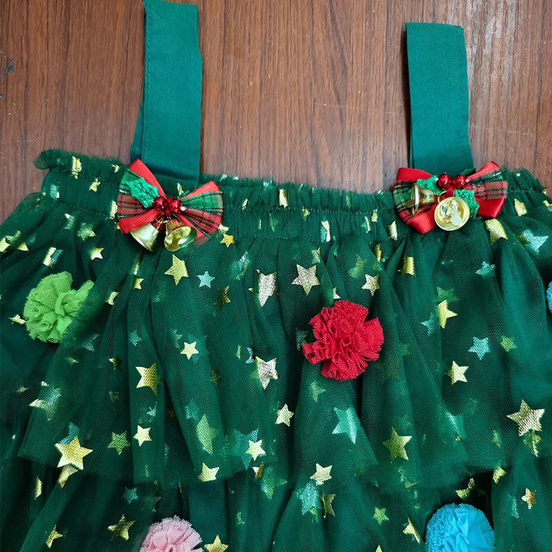 Christmas Costume Summer Kids Girl Green Dress Print Sleeveless Star Layered Tulle Dress Plush Ball Hat Baby Xmas Party Clothes