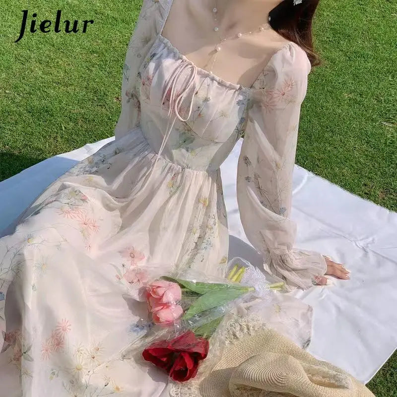 Jielur New Fashion Women Long Sleeved Chiffon Dresses Vintage Sweet Lace Up Women's Square Neck Long Bubble Sleeve A-line Dress