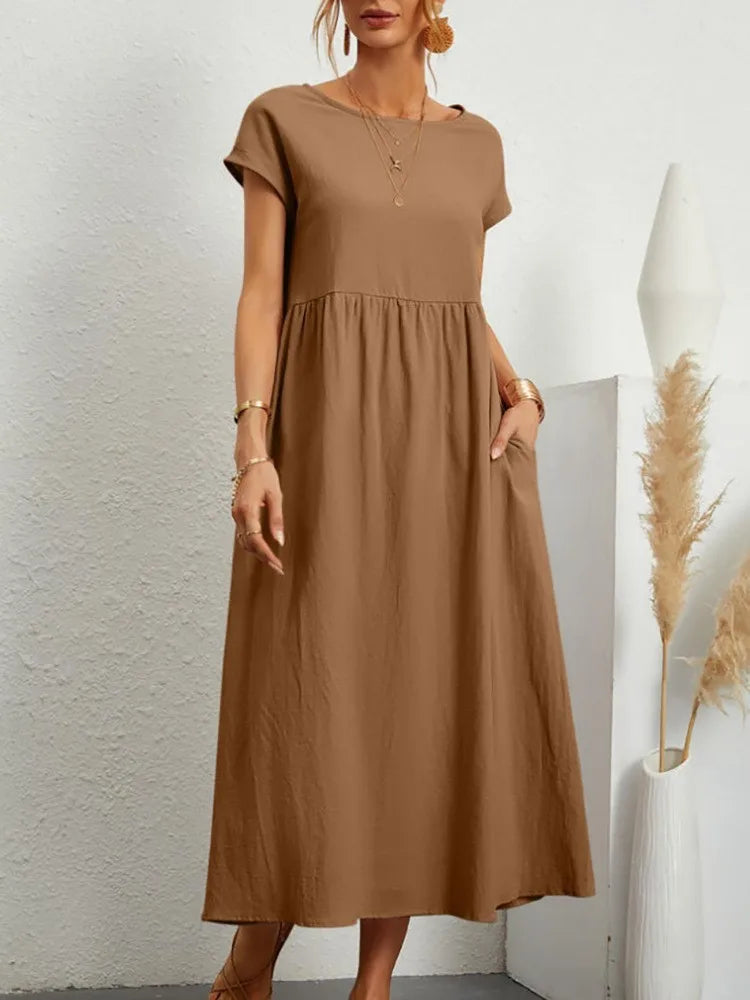 Women's Casual White Short Sleeve Midi Dress Summer Round Neck Cotton And Linen Vintage Loose Long Dresses With Pockets Y2K