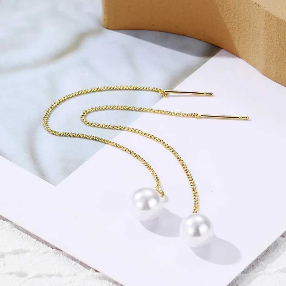 Copper Chain Tassel 8mm Round Imitation Pearl Long Earrings for Women Exaggerate Drop Jewelry Accessories Wedding Girl Brincos