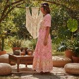 Happie Queens Women Floral Print Tie Neck Beach Bohemian Maxi Dresses Ladies Rayon Cotton Boho Pleated Dress Vestidos